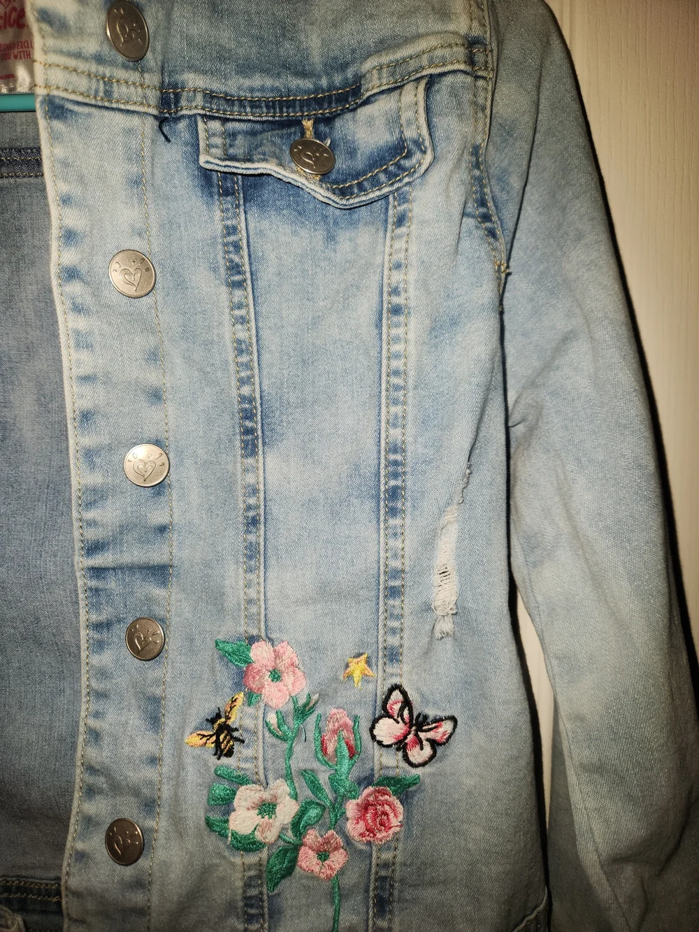 Justice Light Blue Embroidered Floral & Butterfly Denim Jacket